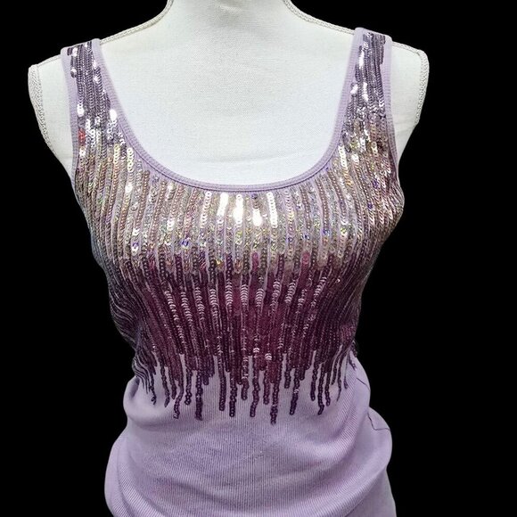 Express ✦ Purple Sequin Tank Top S ✦ Scoop Neck Ribbed Stretch Party Top NWOT - Picture 3 of 11